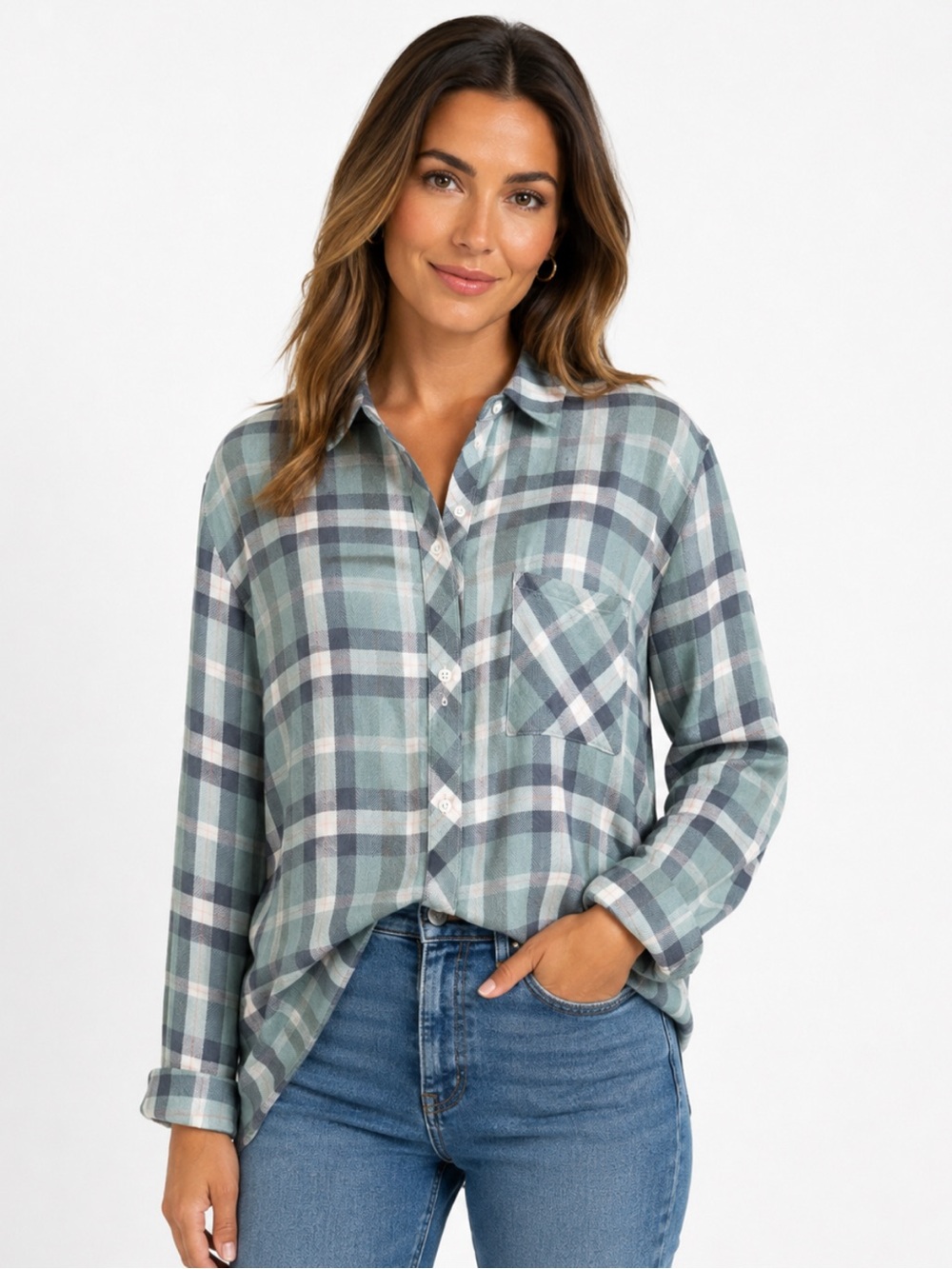 Rails Plaid Button-Down Shirt in Sage and Navy. L